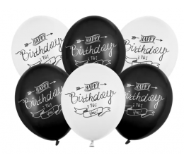 Balionas "Happy Birthday", juodas-baltas (30 cm)