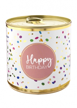 Staigmena-pyragėlis skardinėje "Happy Birthday Confetti", su žvakute (8,5 cm/140 g.)