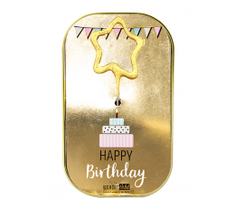 Staigmena-pyragėlis skardinėje "Happy Birthday gifts", su bengališka ugnele (11x7x3 cm/52 g.)   
