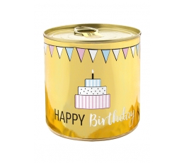Staigmena-pyragėlis skardinėje "Happy Birthday Gold", su žvakute (8,5 cm/140 g.)
